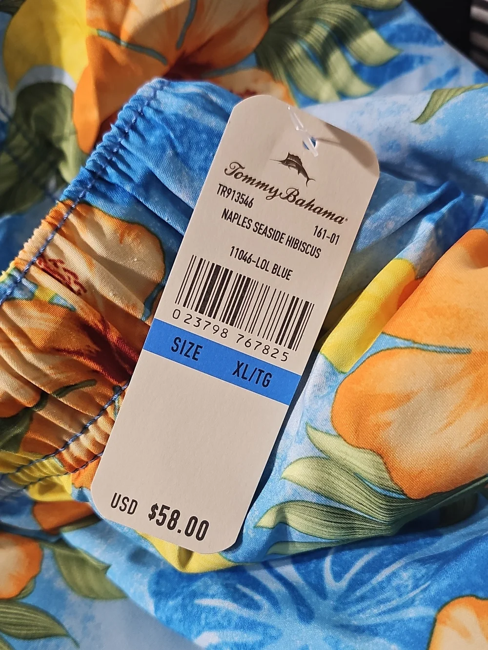 Tommy Bahama Light Blue Floral Swim Trunks Orange Hibiscus XL New